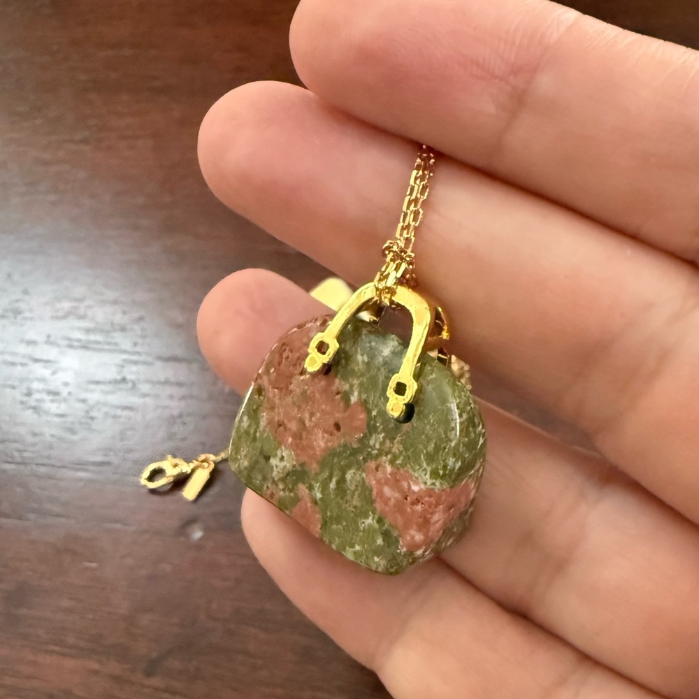 Carved natural unakite purse gold tone handle pendant and vintage Monet chain